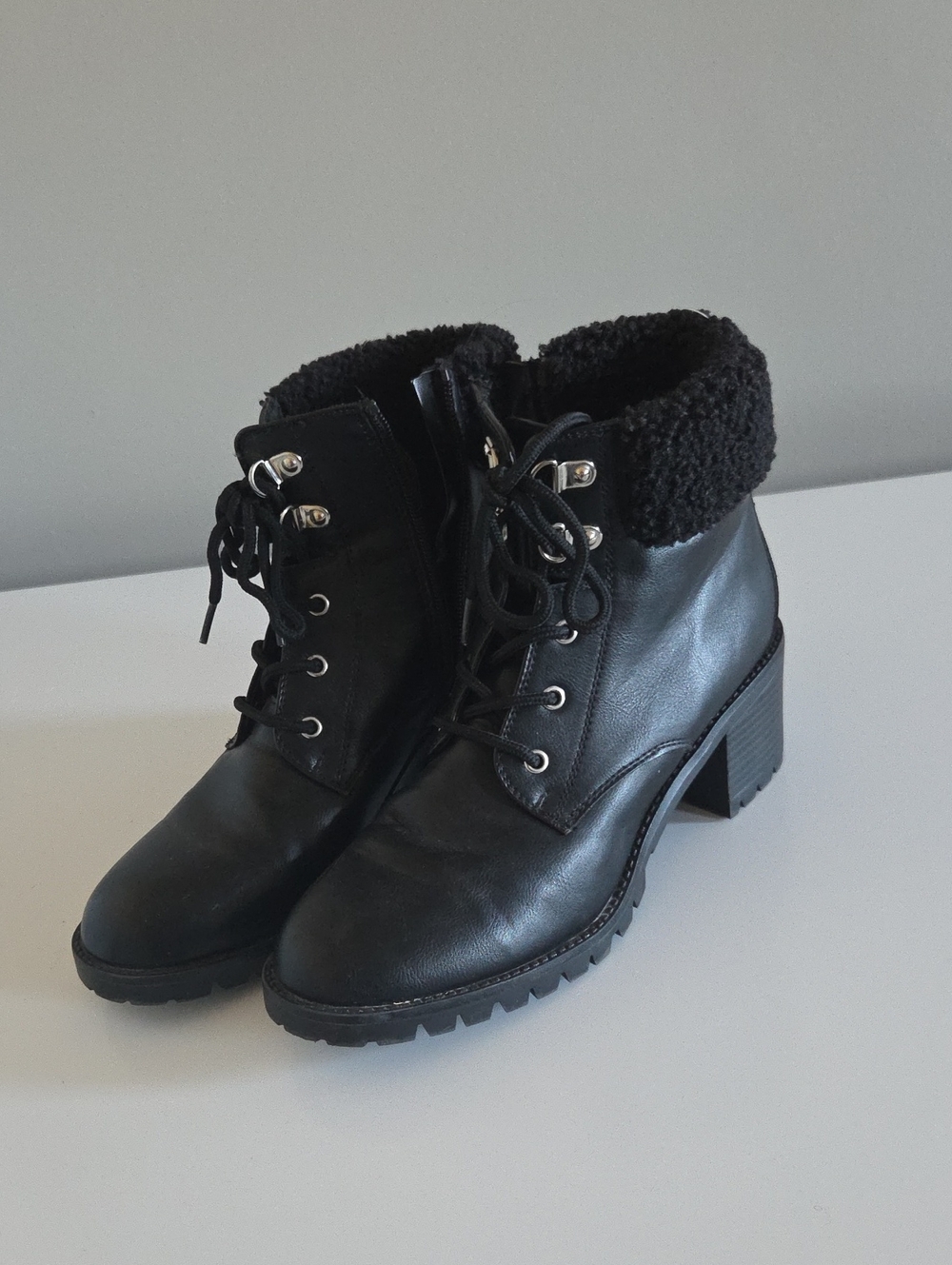 George Black Lace-Up Block Heel Ankle Boots with Faux Shearling Collar
